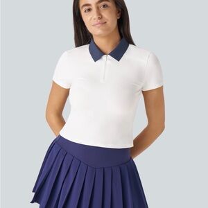 HALARA White Polo Crop Top with Navy Collar